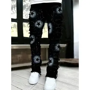 Men's Fashion Layered Fringe Star Painted Denim Jeans, Emo Style