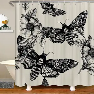 Feelyou Gothic Skull Waterproof Shower Curtain Set with Hooks - Bold Pattern Character-Themed Textile, Death Moth, Flowers, Skeleton Bones Design, Washable Multicolor Bathroom Supplies for Home Goods Interior Decor