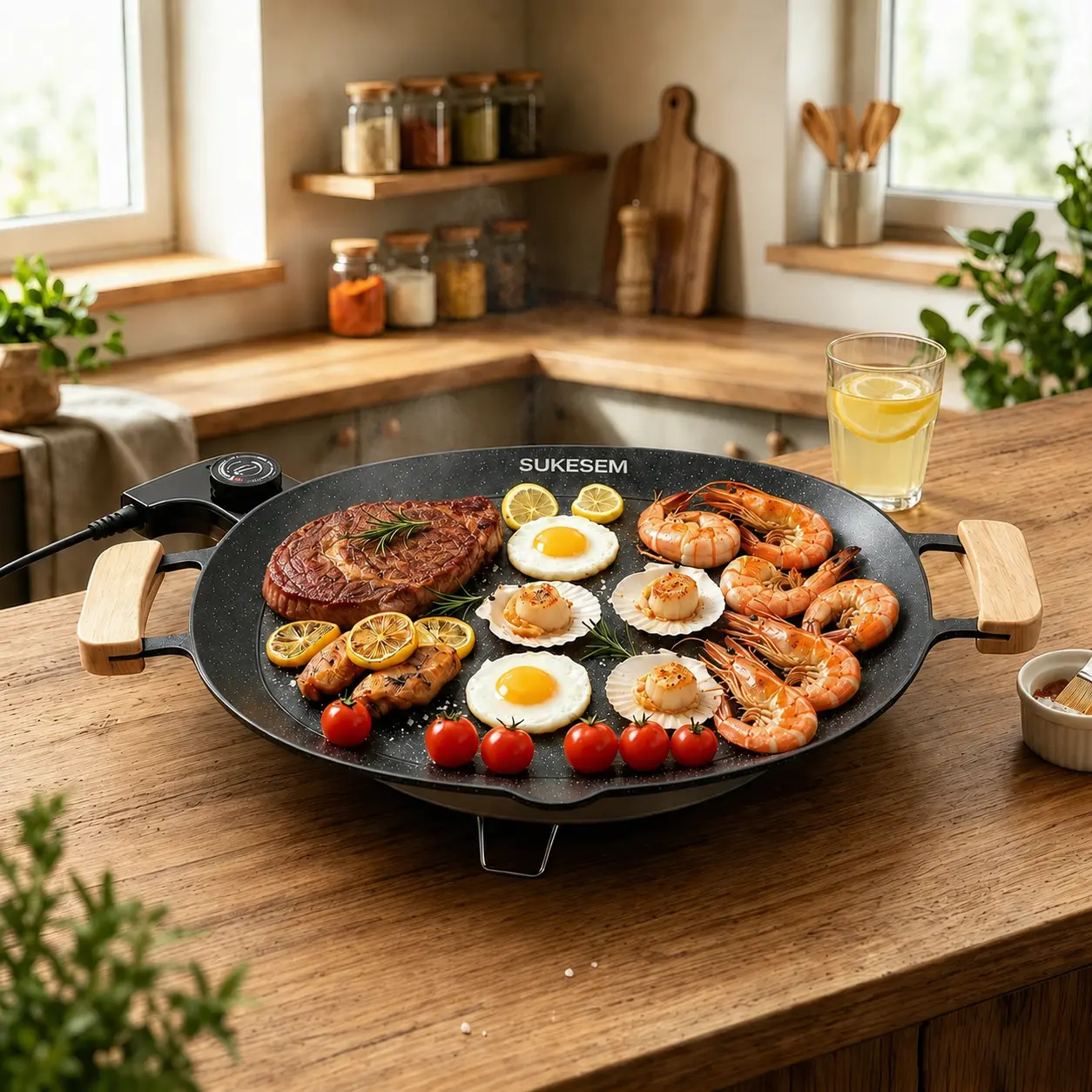 SUKESEM 1000W Power Indoor Smokeless Griddle - Korean Barbecue Table Top Electric Grill Pan, Portable Non-Stick Cooking Tool with Adjustable Temperature Control for Home Kitchen, Parties, Table Top Grill