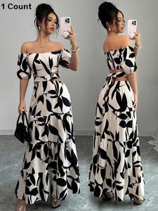 women's all over print off shoulder dress, elegant fashion casual shirred long dress for daily outdoor wear, women dress for summer