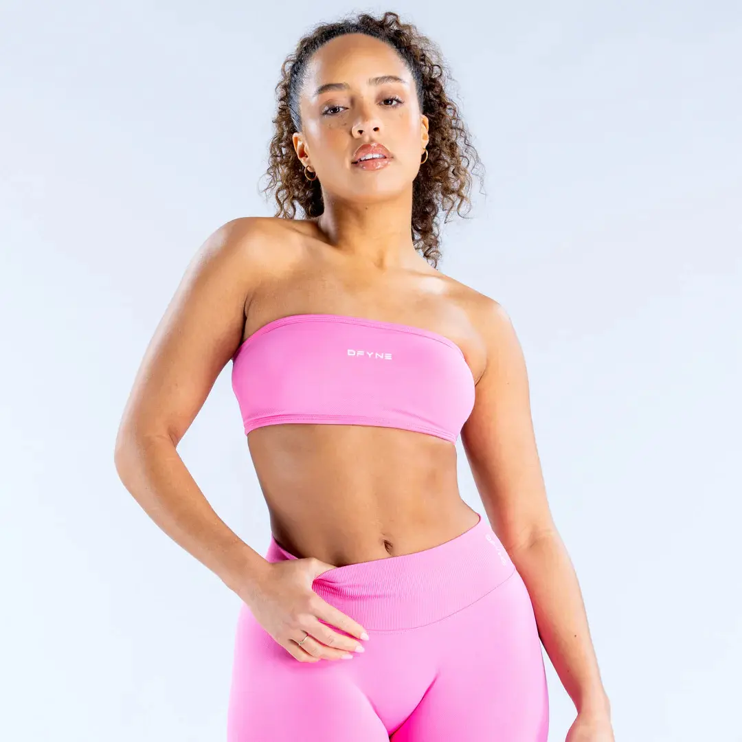 DFYNE Impact Backless Bandeau - Off Shoulder Seamless Strapless Workout Top for Women Sculpting Stretch Fabric Gym-to-Street Style Pink