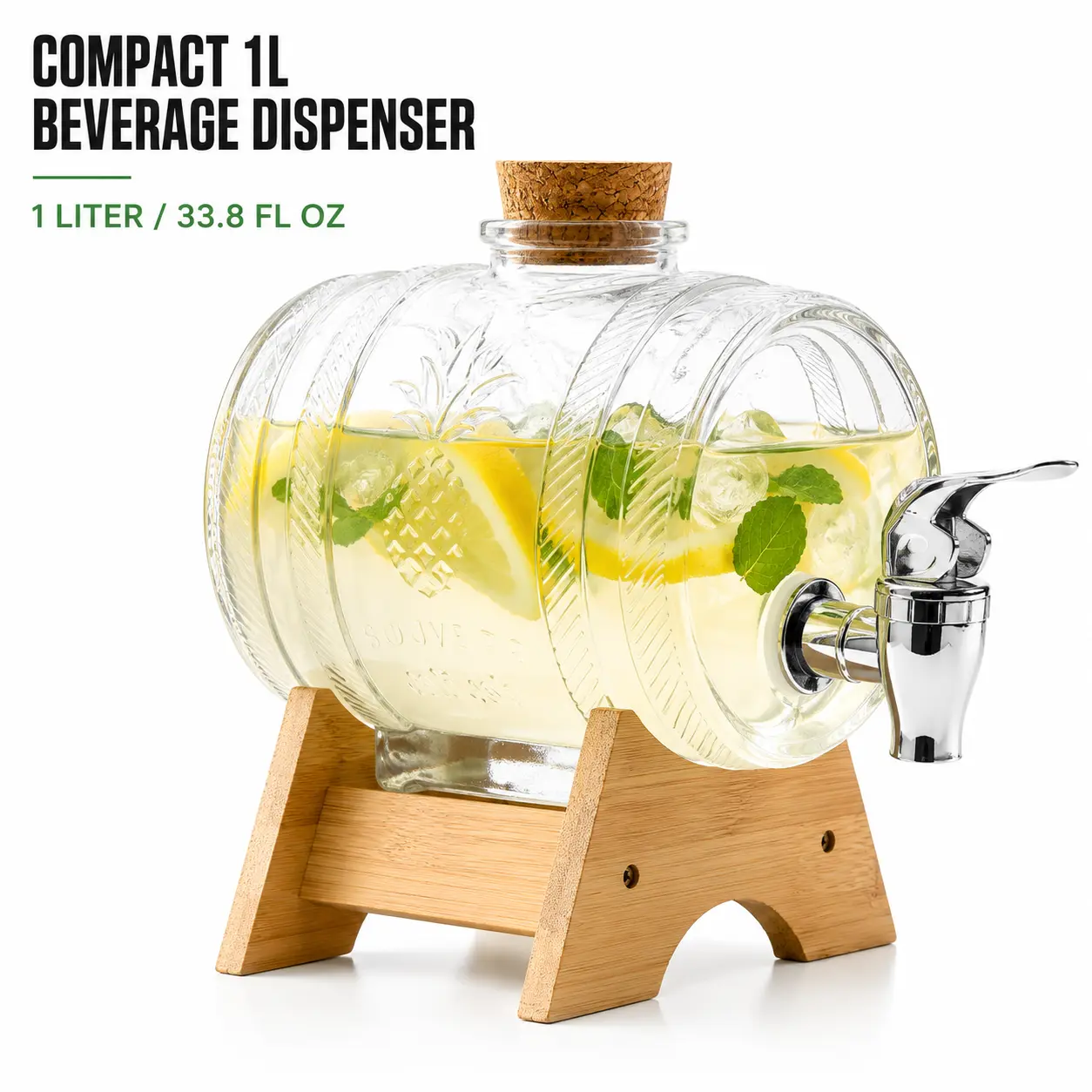 MIUVA 1L (0.26 Gal) Sturdy Glass Drink Dispenser with Stand, Spigot, Thick Lightweight Bottle, Leakproof Design - Small Countertop Lemonade Jug for Parties, Home Organizer with Lightweight Handling