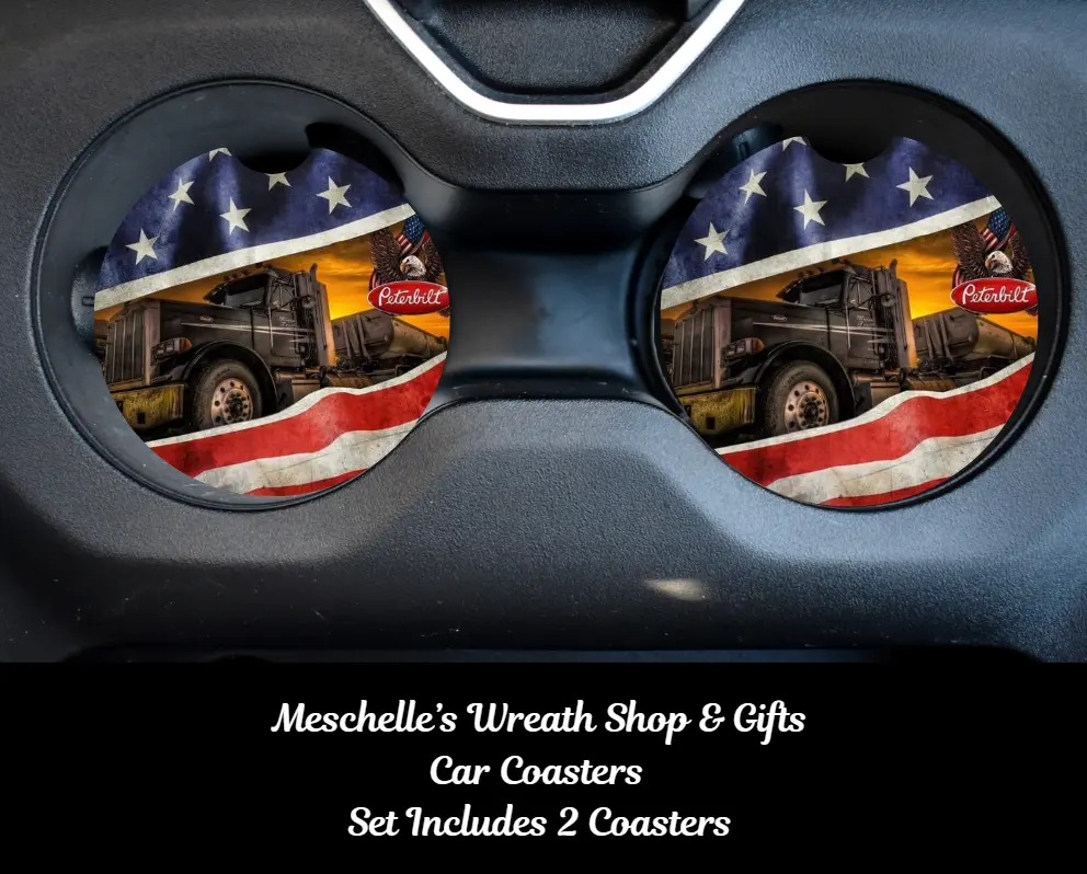 American Flag Peterbilt Truck Car Coasters, Neoprene-Ceramic Car Interior Decor Accessories, Spill-Proof, Colorful Print, Easy Installation, Cup Protection Upgrade, Cars Accessories