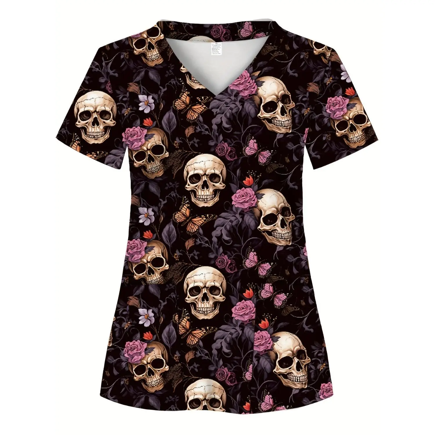 Women's Skull Print Scrub Top with Dual Pockets - Comfortable & Breathable Halloween Tee for Healthcare Professionals