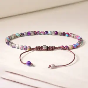 Natural Purple Patterned Sea Sediment Jasper Bracelet - Handmade Adjustable  4mm Round Bead Gemstone Bracelet - Summer Beach Accessories