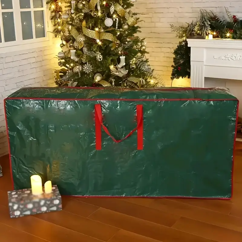 47in 1pc Durable Waterproof Christmas Tree Storage Carrying Bag - Protects Artificial Xmas Tree from Dust, Insects, and Moisture - Green/Red Zippered Storage Bag Waterproof Storage Bags