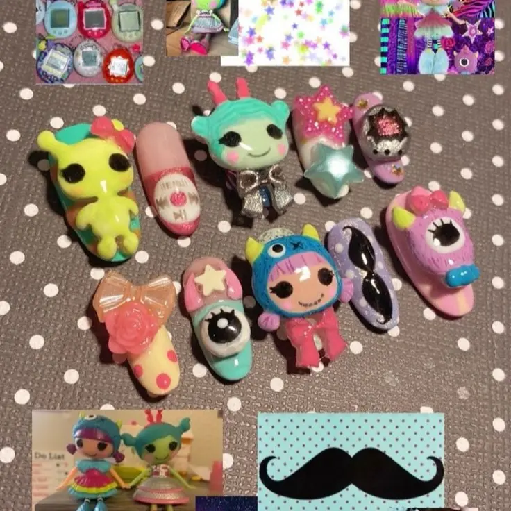 Handmade ULalaloopsyne Inspired Press On Nails | Y2K Kawaii 3D Patchwork Doll Pastel EDecodenu Fake Nails with FREE Adhesive Tabs FREE Nail File FREE Cuticle Stick