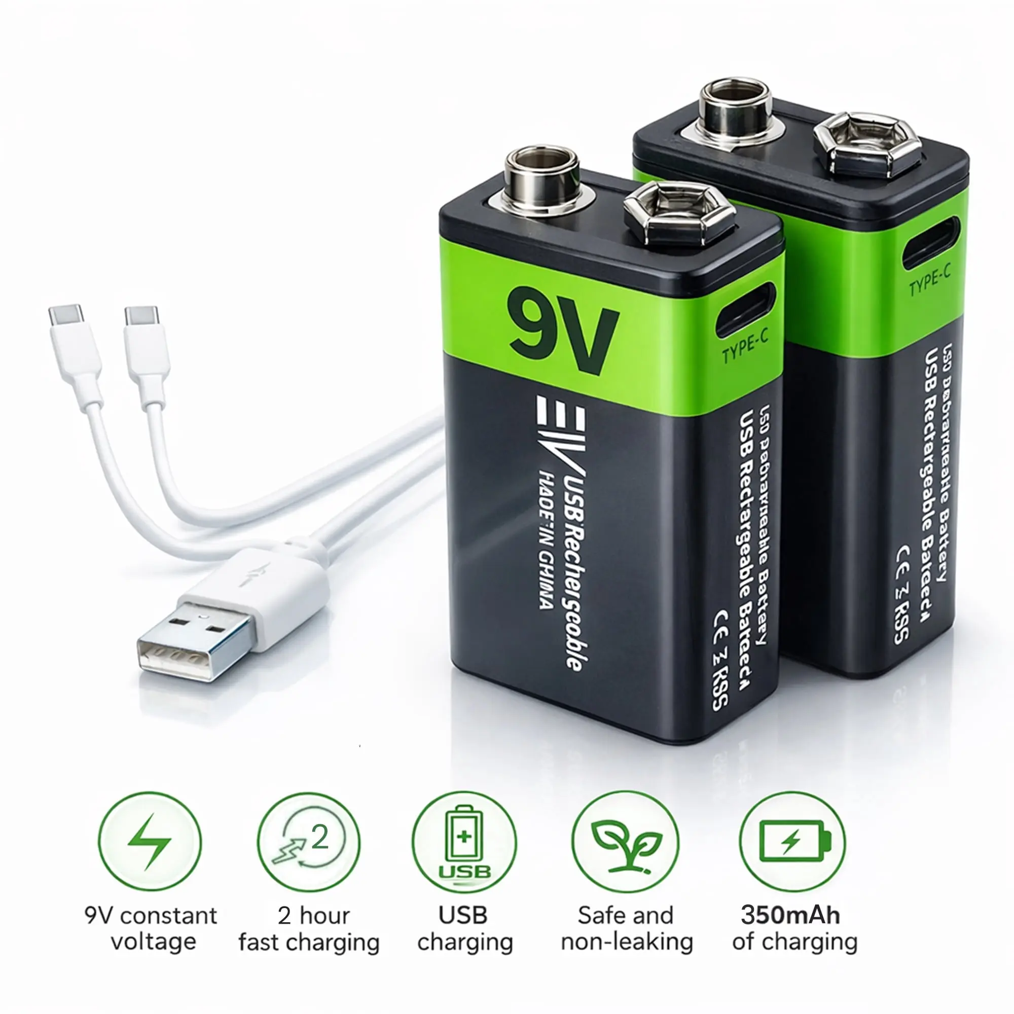 Electronic World 9V Rechargeable Lithium Batteries 2-Pack USB-C Fast Charging – Long Lasting 9 Volt Battery for Smoke Detectors, Alarms, Microphones & Guitar Pedals