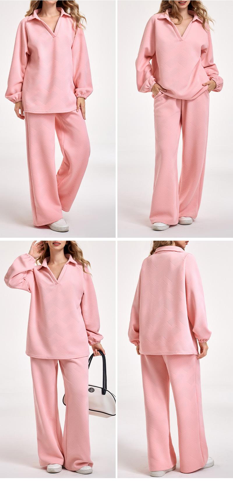 Cozy 2 Piece Jacquard Loungewear Set for Women Oversized V Neck Top & Wide Leg Pants Casual Comfy Sweatsuit for Daily Wear