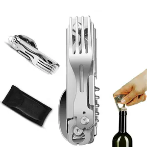 4 in 1 Stainless Steel Safety Locking Camping Accessory (2 Counts), Durable Knife with Sheath, Stainless Steel Knives, Compact Multi-tool with Knife, Fork, Spoon, Opener, Survival Supplies