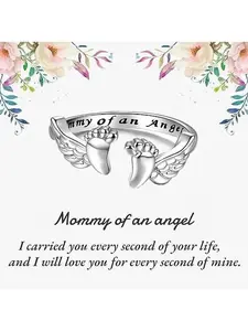 Adjustable Mommy of an Angel Memorial Ring - Engraved Footprint & Wing Design | Polished Sympathy Gift for Mothers