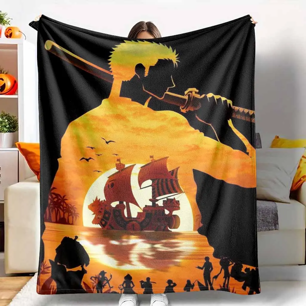 Sunset Pirate Ship Voyage Flannel Throw Blanket - Anti-Pilling Fabric, Ocean Adventure Silhouette Print, Soft Warm Lightweight Breathable, Voyage Ship Art, Durable, Folds Small for Bag, Daily Office Life Decor, Ocean Themed Gift, Multi-Size, Throw Blanket