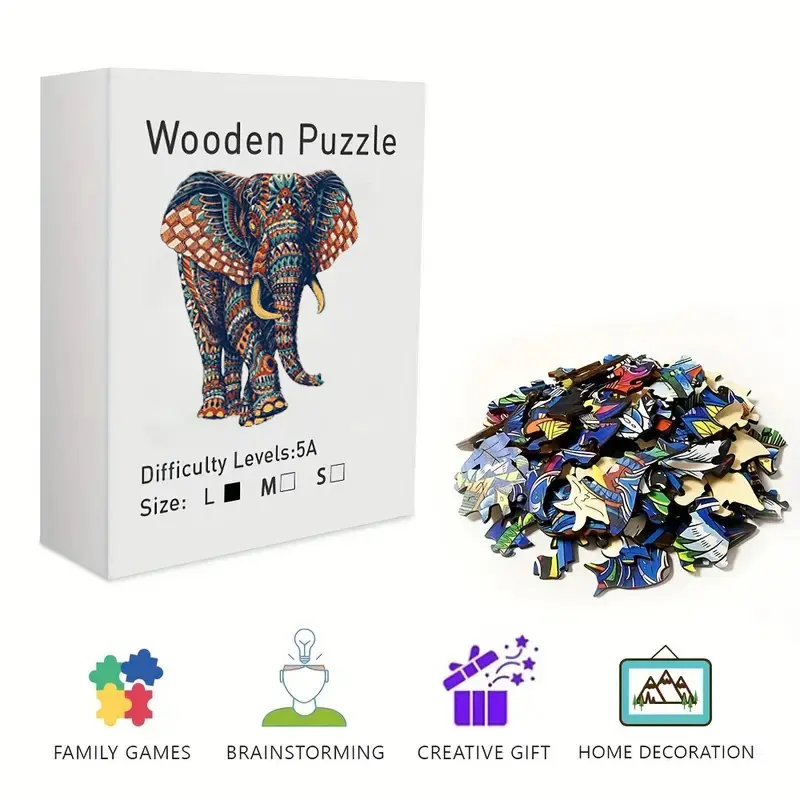 Colorful Mandala Elephant Wooden Irregular Puzzle - High Difficulty Challenging Brain Teaser for Stress Relief & Gifting