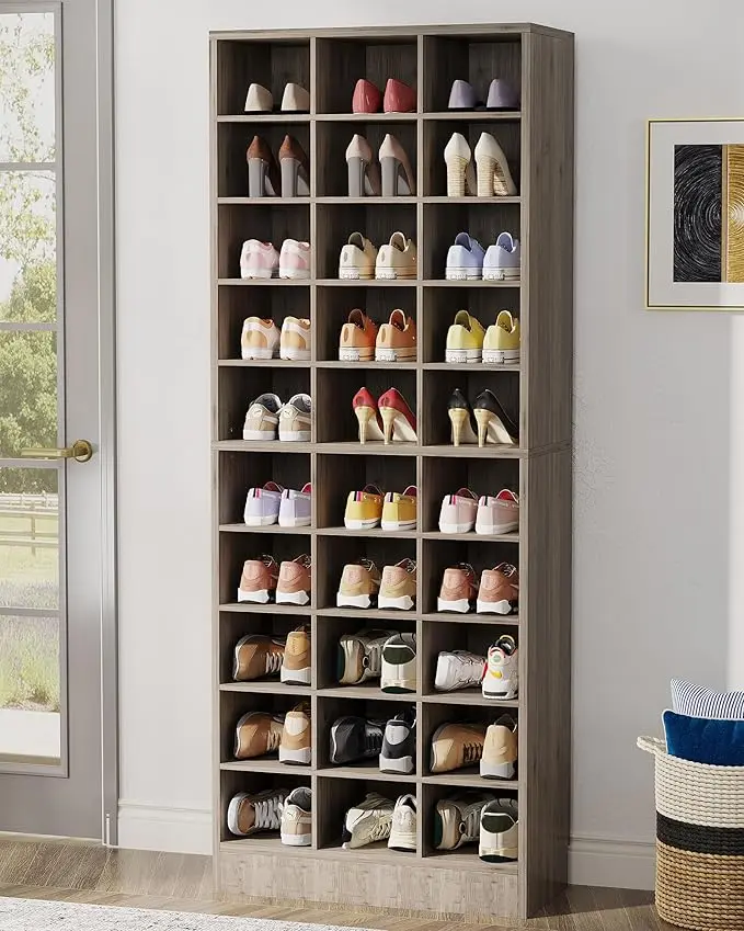 Tribesigns 10-Tier Shoe Storage Cabinet, Gray Wooden Shoe Rack with 30 Cubbies, Freestanding Tall Entryway Shoe Organizer for Closet, Entryway, Living Room