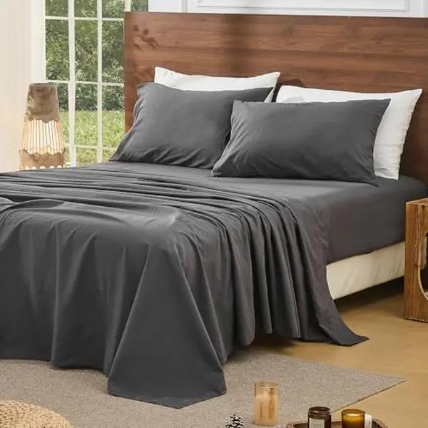 Queen Size Bamboo Blend Sheet Set - 4-Pieces Breathable Durable Smooth Texture Bedding, 16" Deep Pocket Oeko-TEX Certified, Soft All-Season for Hot Sleepers, Ideal for Bedroom Use & Home & Travel (Grey)