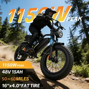 Electric Mountain Bike 1150W Peak Power 48V 15.6Ah Battery 16x4.0 Fat Tire Full Suspension High-Carbon Steel Frame 50-60 Miles Range ebike off-road US Rider Favorite big wheel Motorcycle electric bike e