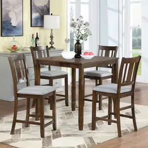 5 Piece Counter Height Dining Table Set for 4, Wooden Dining Square Table with 4 Upholstered Chairs for Kitchen, Dining Room, Small Space