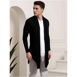 COOFANDY Men's Black Ruffle Shawl Collar Cardigan Open Front Lightweight Long Length Drape Cape Overcoat with Pockets Knitwear Tops Vibe Casual Beige Plain