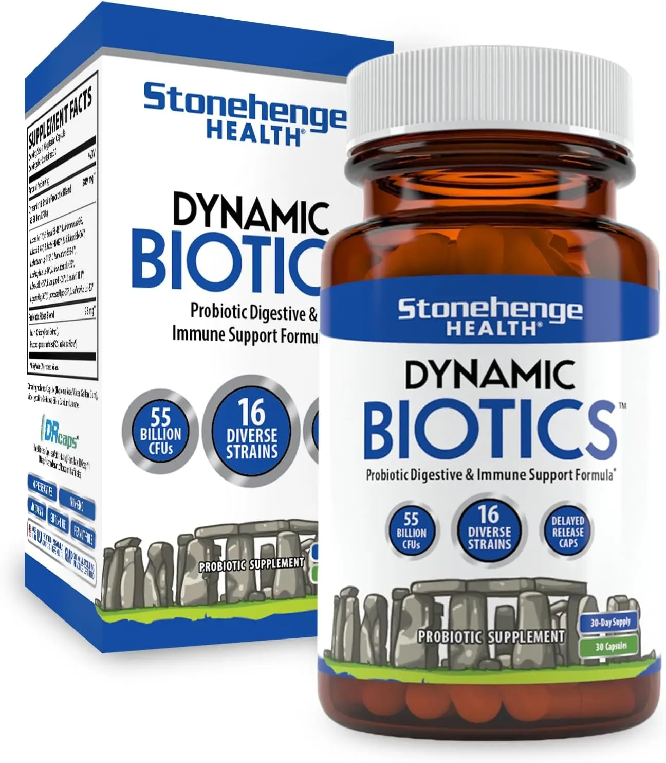 Stonehenge Health Dietary Probiotic Supplement, 55B CFU Gut Support, 16 Strains + Prebiotics, GMO-Free, Vegan, Digestive Health & Gastrointestinal Support, Adults
