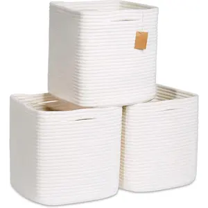11inch Cotton Rope Woven Basket, for Organization, Pack of 3|Cube Storage Box|Square Storage Baskets for Shelf Organizers, Classrooms, Children's Toy Bins, Closets, Baby Nursery