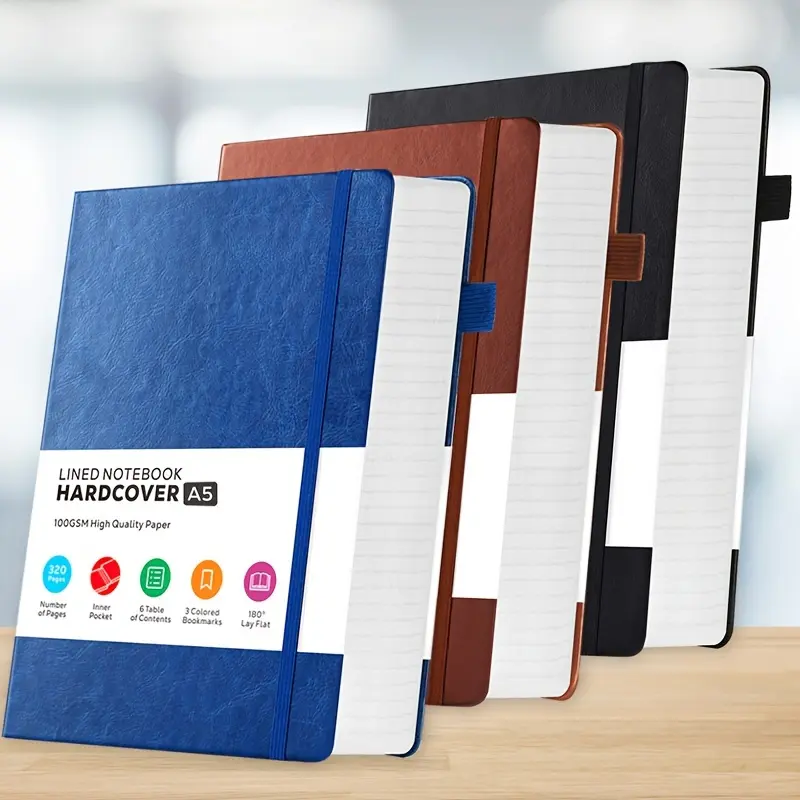 [Multicolor Faux Leather Journals] 3pcs Multicolor A5 Hardcover Faux Leather Journals - 100GSM Thick Paper, No Bleed, with Inner Pocket - College Ruled Notebooks for School, Office & Business, 5.7"×8.4