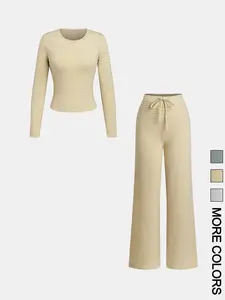 Women's Striped Print Long Sleeve Tee & Pants, Casual Two-piece Set for Daily Wear, Ladies Two-piece Outfits for All Seasons