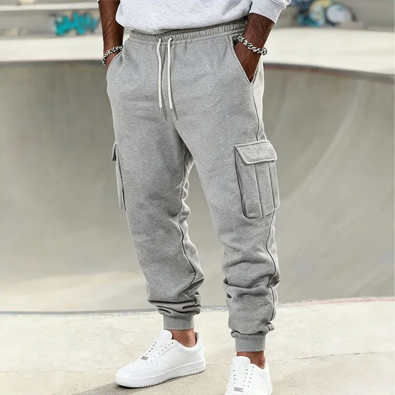 Men's Stylish Fleece Knit Cargo Jogger Sweatpants - Drawstring Elastic Waistband, 2 Large Dual Cargo Pockets, Cuffed Ankles, American Street Skate-Style Loose Casual Athletic Pants