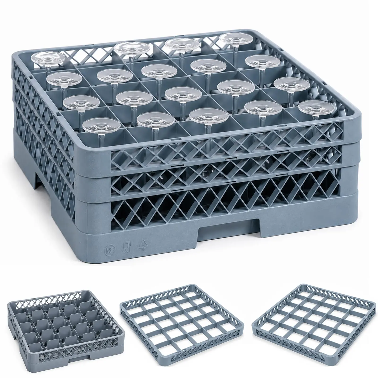 Commercial Glass Rack (3-Pack) - 25-Compartment Stackable Plastic Dishwasher Rack with 2 Extenders, Tool Organizer for Restaurant & Bar Use