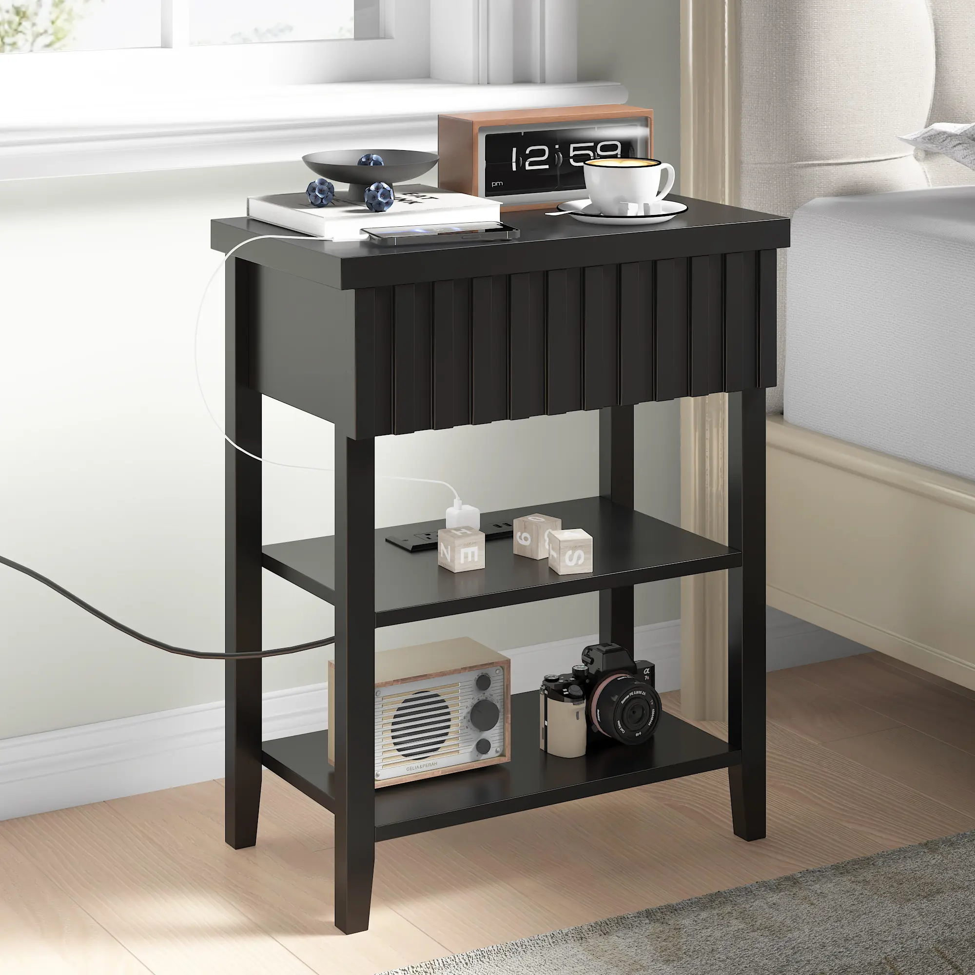 Fluted Nightstand with Charging Station,Farmhouse Night Stand with Drawer & 2 Open Storage Shelves,Modern Side Table for Bedroom Small Space Living Room Entryway,Black