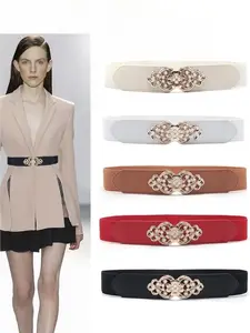 Gorgeous Pearl Inlaid Fashionable Metal Buckle Waist Belts Casual Trendy Waistband For Women Casual Elastic Ladies Dress Corset Wide Belts Trendy Exquisite Belt