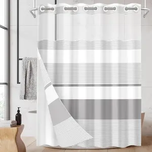 No Hook Grey Shower Curtain with Snap in Fabric Liner Set, Boho Striped Modern Double Layers  Fabric with See Through Top Window Open Grommet Bath Curtain 71x74 Inch