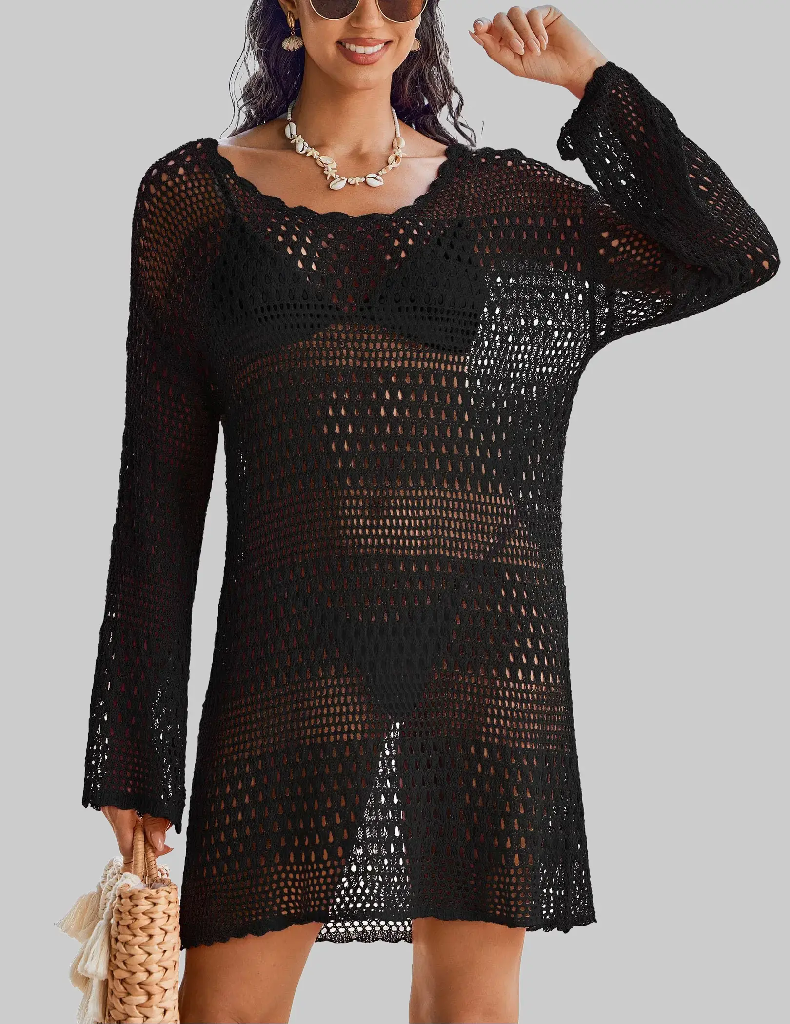Women’s Crochet Swim Cover Up Knitted Hollow Out Long Sleeve Swimsuit Coverup for Women's Beachwear Summer Fashion