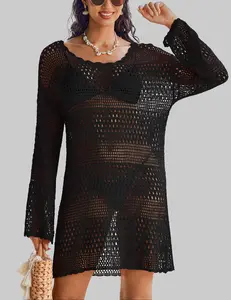 Crochet Swim Cover Up Knitted Hollow Out Long Sleeve Swimsuit Coverup for Women's Beachwear Summer Fashion
