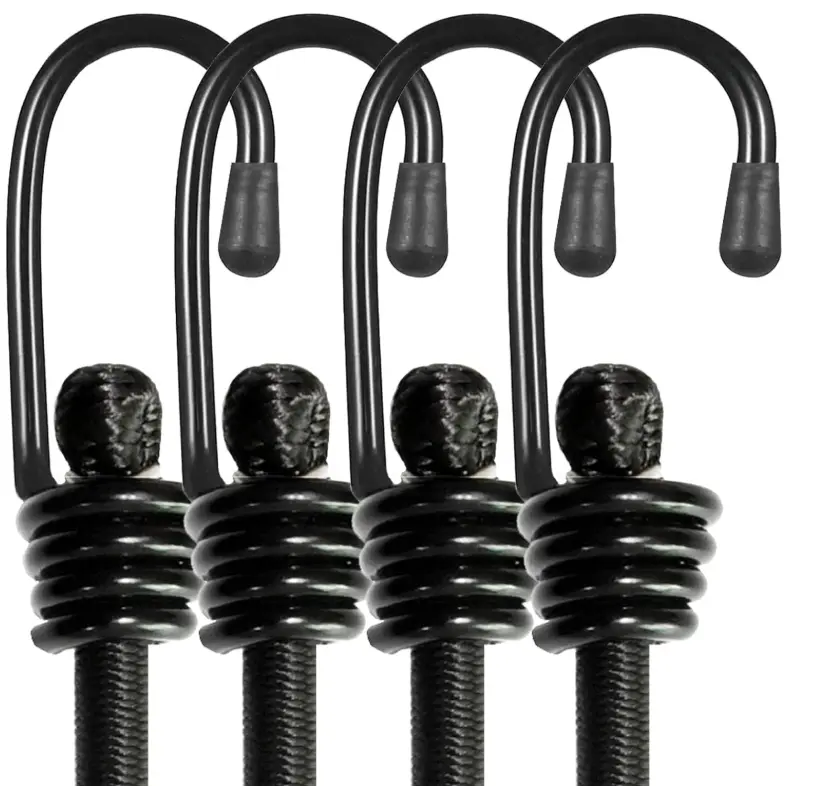 BEXSLE Bungee Cords with Hooks, Heavy Duty Outdoor Elastic Bungee Straps，No Odour Industrial Grade Bungee Rope for Securing Tarps, Luggage, Tents, Bikes or Garden Tidying 24inch 4Pcs (Black)