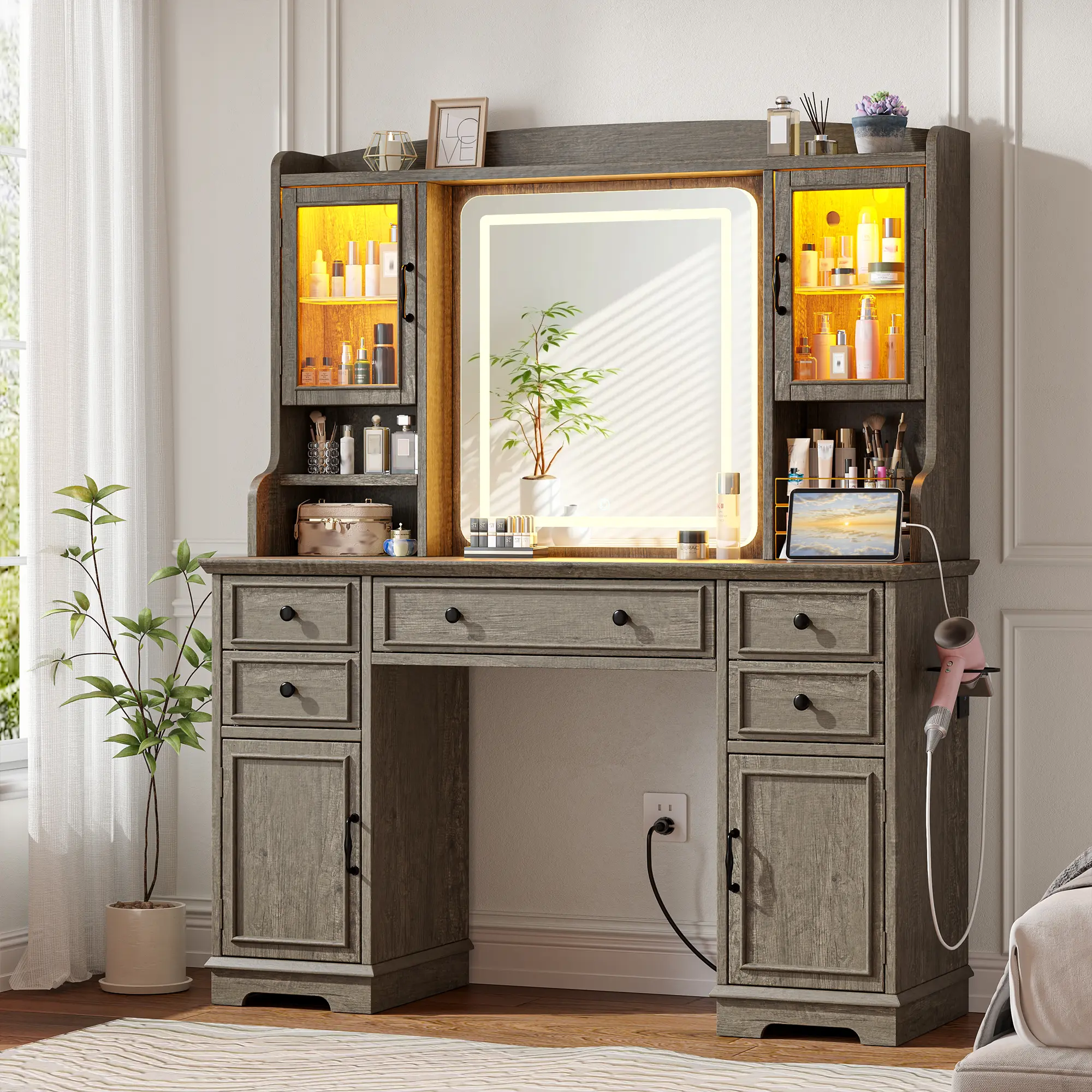 43.5" W Farmhouse Vanity Desk with Mirror and Lights, Large Triditional Makeup Vanity Table Set with RGB Cabinets, 5 Drawers and 6 Storage Shelves Dressing Table for Bedroom Dressing Room, Gifts for  Girlfriend, Wife, Mother