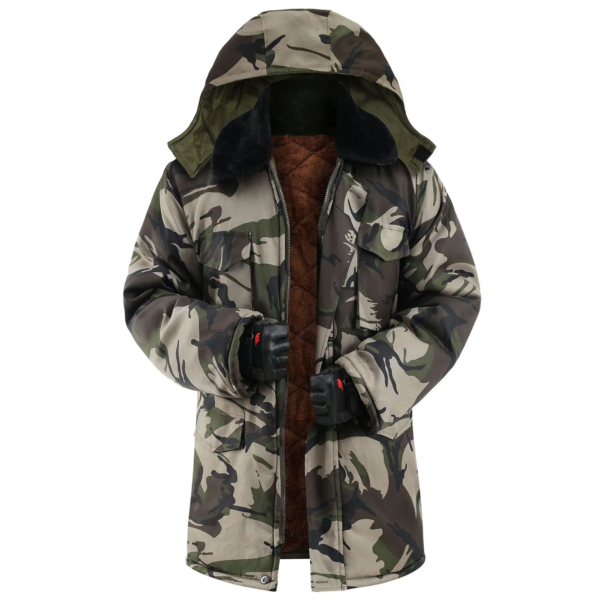 Men's Camouflage Cargo Parka Jacket - Ergonomic Waterproof Protective Long Sleeve Shell Top, Insulated Workwear with High-Visibility Trim, Adjustable Cuffs, Sealed Seams, Storm Hood, Utility Pockets, Zipper for Freezer Storage, Outdoor Use