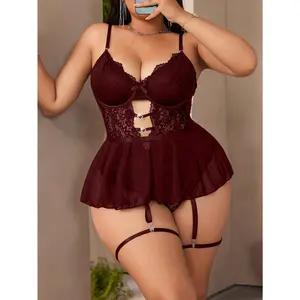 4 pcs/Set Plus Size Sexy Mesh & Lace Patchwork Teddy Lingerie Set233