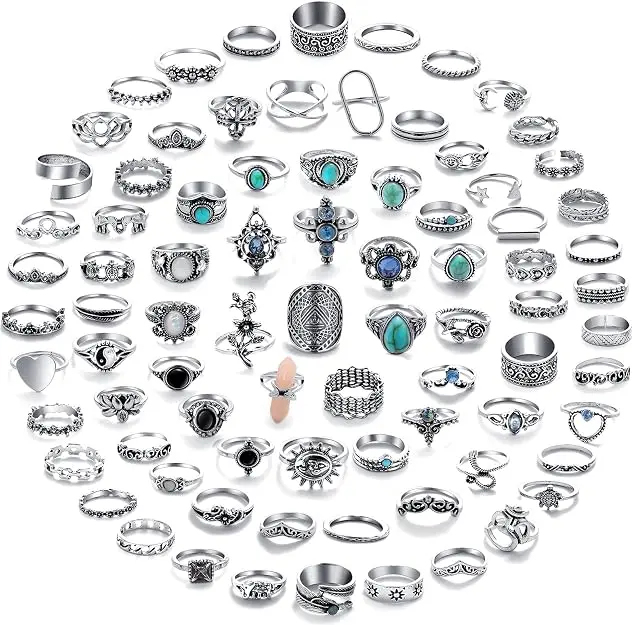 82 Pcs Vintage Knuckle Rings Set for Women, Bohemian Stackable | Midi Rings Pack, Boho, Retro Stone, Stacking Joint Finger Ring