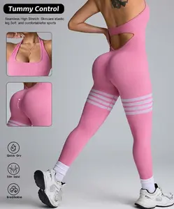 New Women’s Seamless Sports Yoga Outfit – Neckband Design, Butt-Lifting & Tummy Control, Striped Bodycon Long Pants with a Flattering Back