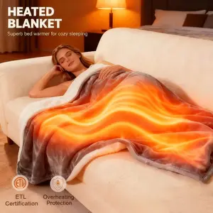 Heated Blanket Throw, Heating Electric Blanket with 10 Heat Levels and Auto-Off, Washable Dual-Sided Flannel & Sherpa Fabric Electric Throw Blanket Warmer for Office Home Use