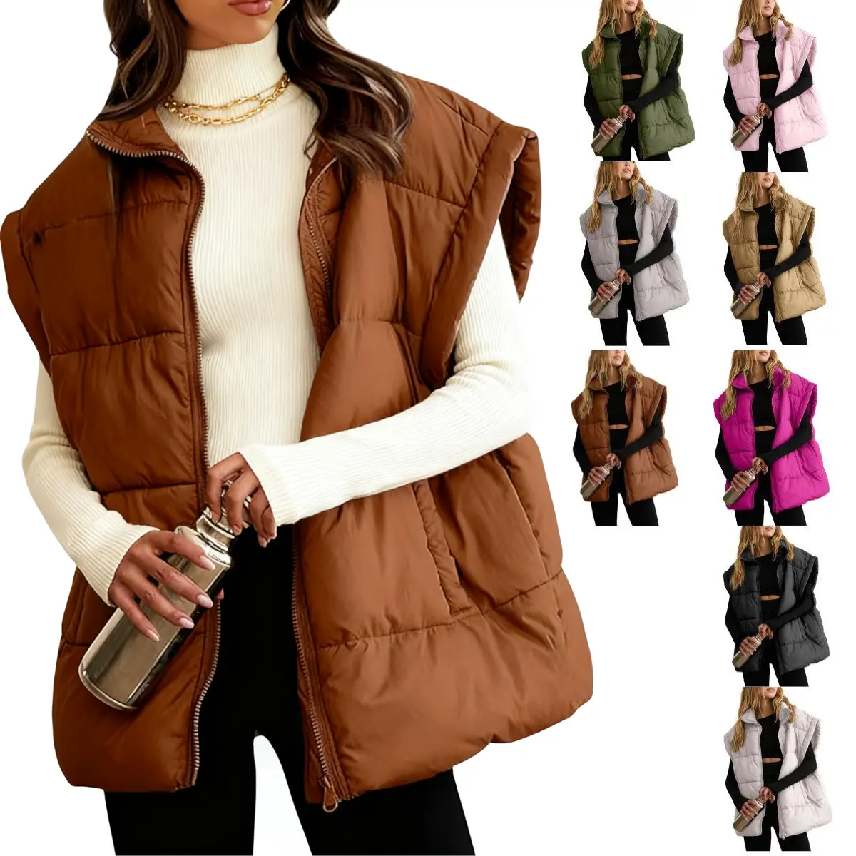 Ommig Women's Oversized Quilted Puffer Vest, Mid-Length Lightweight Zip-Up with Cap Sleeves, Stand Collar and Pockets for Layering Outfits, Lady, Athletic, Holiday, Cozy Quilted Fill, Cute, H Type, Lapel, Plain, Preppy