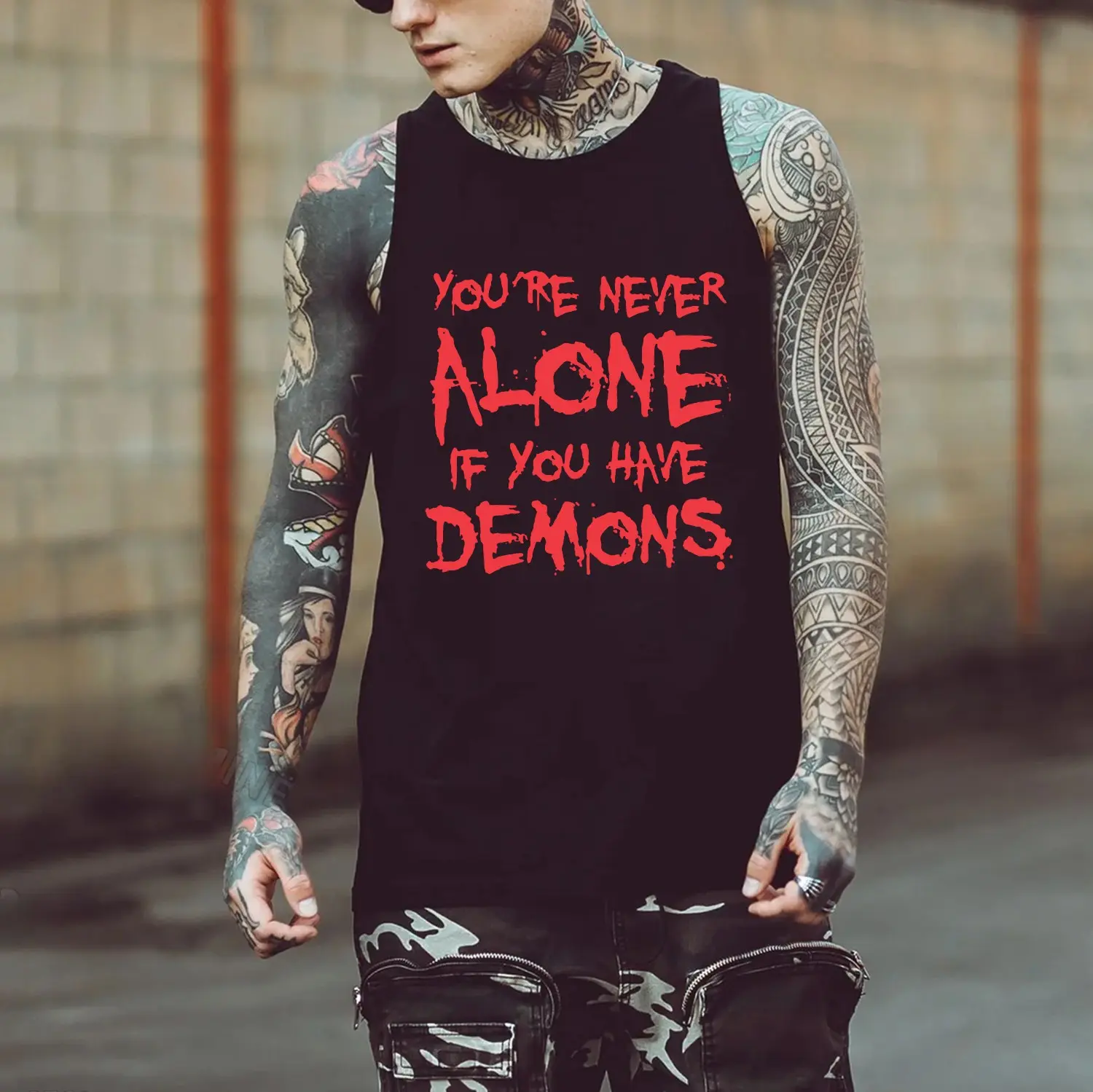 Men's "Demons" Graphic Tank Top - 100% Cotton Vintage-Inspired Casual Slim-Fit Sleeveless Undershirt, Crew Neck, Button Detail, Lightweight Menswear
