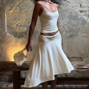 Elegance Skirt Sets for Women Lace Patchwork Halter Crop Top and Irregular Hem Skirt Holiday Vacation Outfits