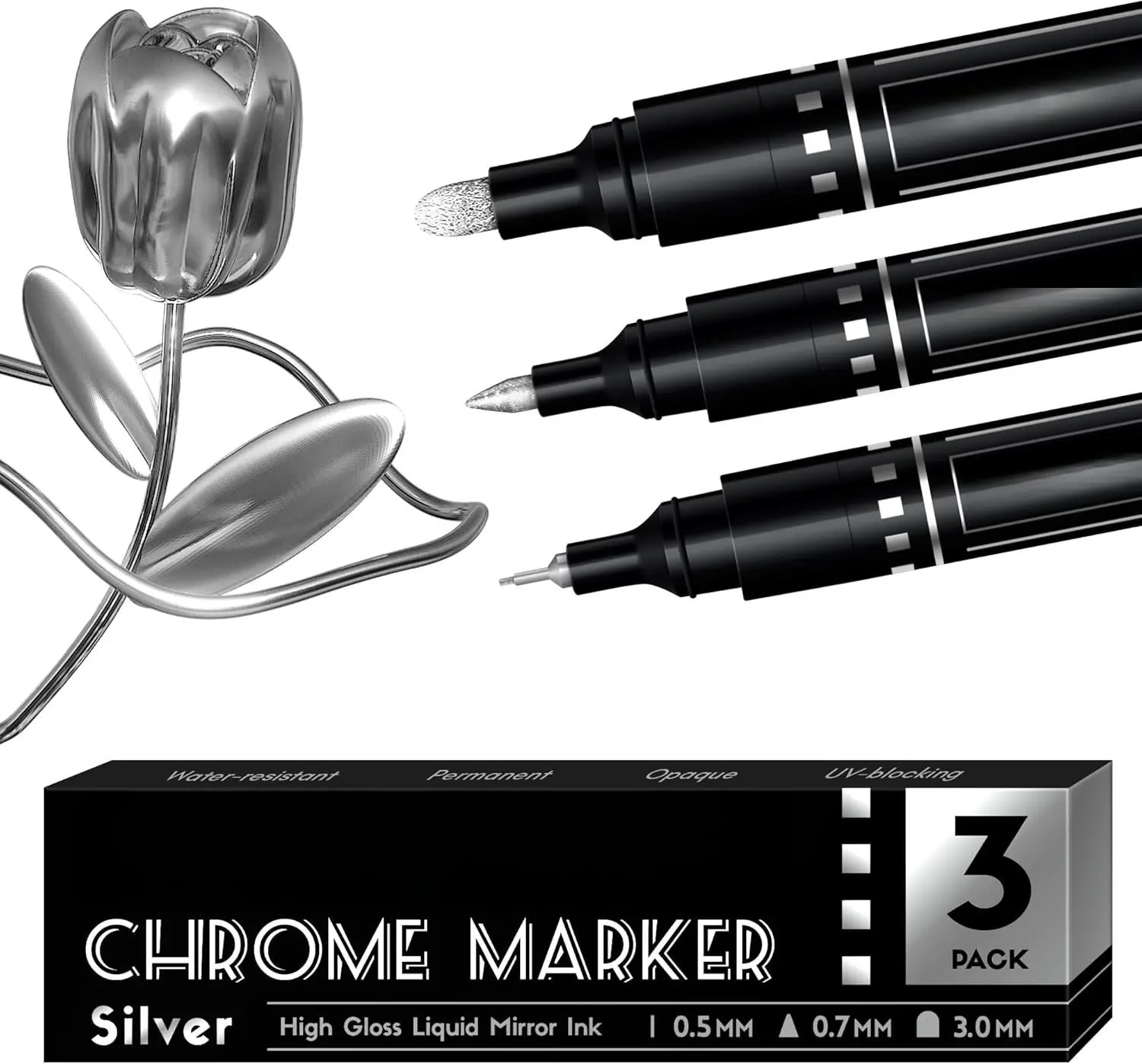 3 count Liquid Chrome  Markers, Oil-based Permanent Chrome Maker, Gloss Mirror Marker Repairing, Reflective Metallic Pen Markers for Touch Up Model Painting DIY Art Projects,