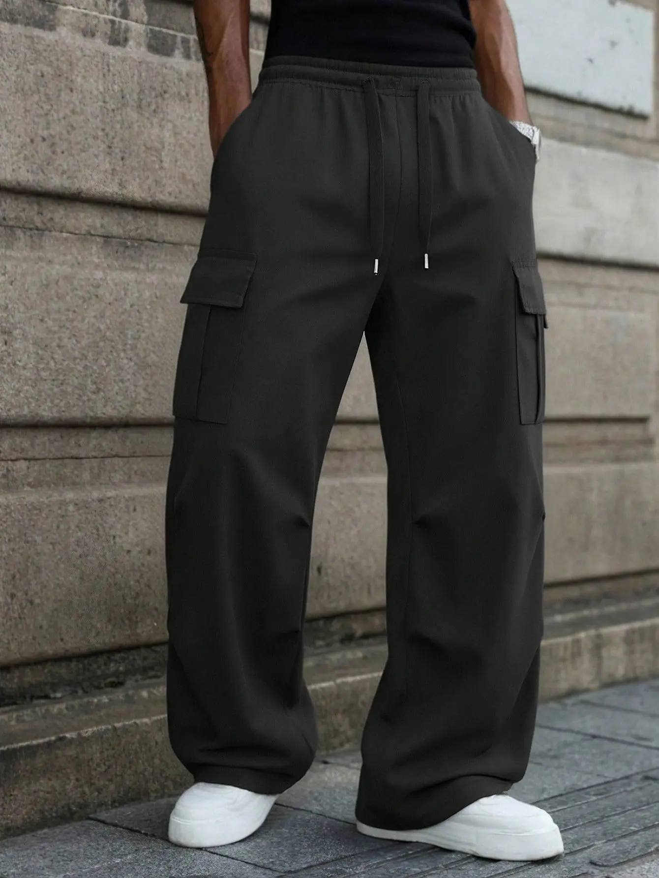 Men’s American-Style Casual Plain Polyester Blend Cargo Pants - Mid-Rise, Multiple Pockets, Loose Straight-Leg, Drawstring Waist, Breathable, Wear-Resistant All-Season Clothes for Outdoor Work, Street-Style Outfits