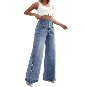 Vintage high waisted button slit wide leg jeans, suitable for women to slim down and increase height, washed denim pants, suitable for all seasonsRAIMENTRY