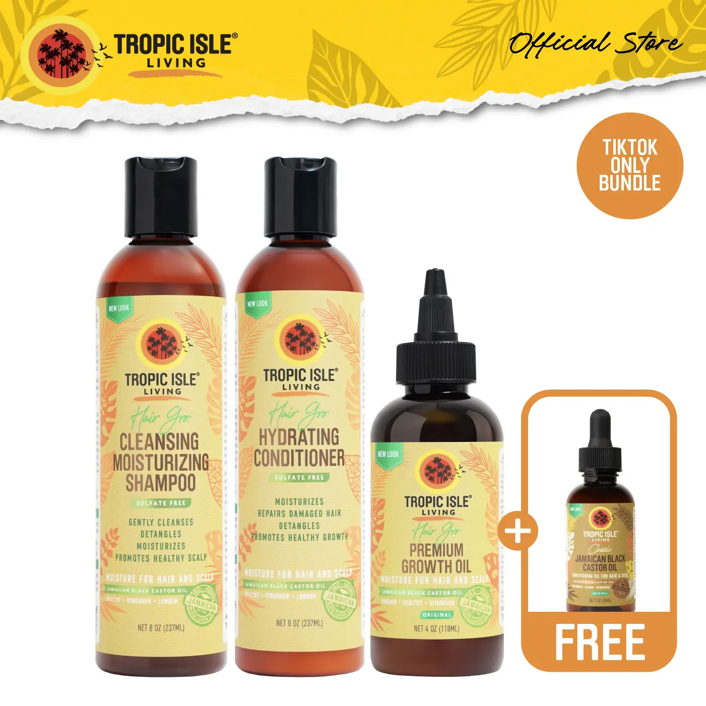 Tropic Isle Living Haircare Growth Bundle - Free Coconut Hair Food, Shampoo, Conditioner, Cleanser, Moisturizer, Oil - Repair, Strengthen, Hydrate Thick Hair