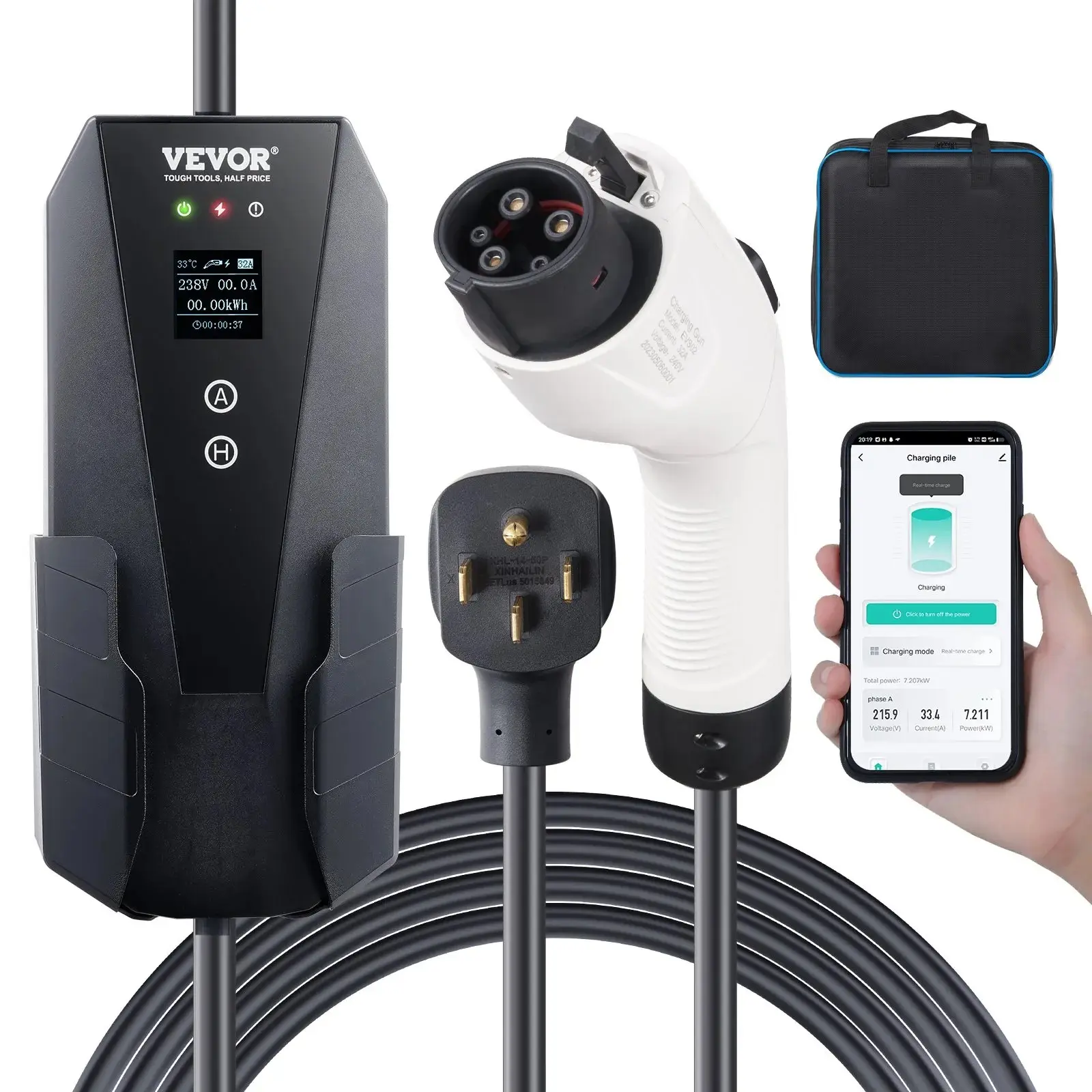 【Summerfinds】VEVOR Level 2 Portable EV Charger,32 Amp 240VElectric Vehicle Charger with 28 ft Charging Cable NEMA 14-50P Plug16/20/24/32A Adjustable Current Plug-in Home EV Charging Station for SAE J1772 EVs