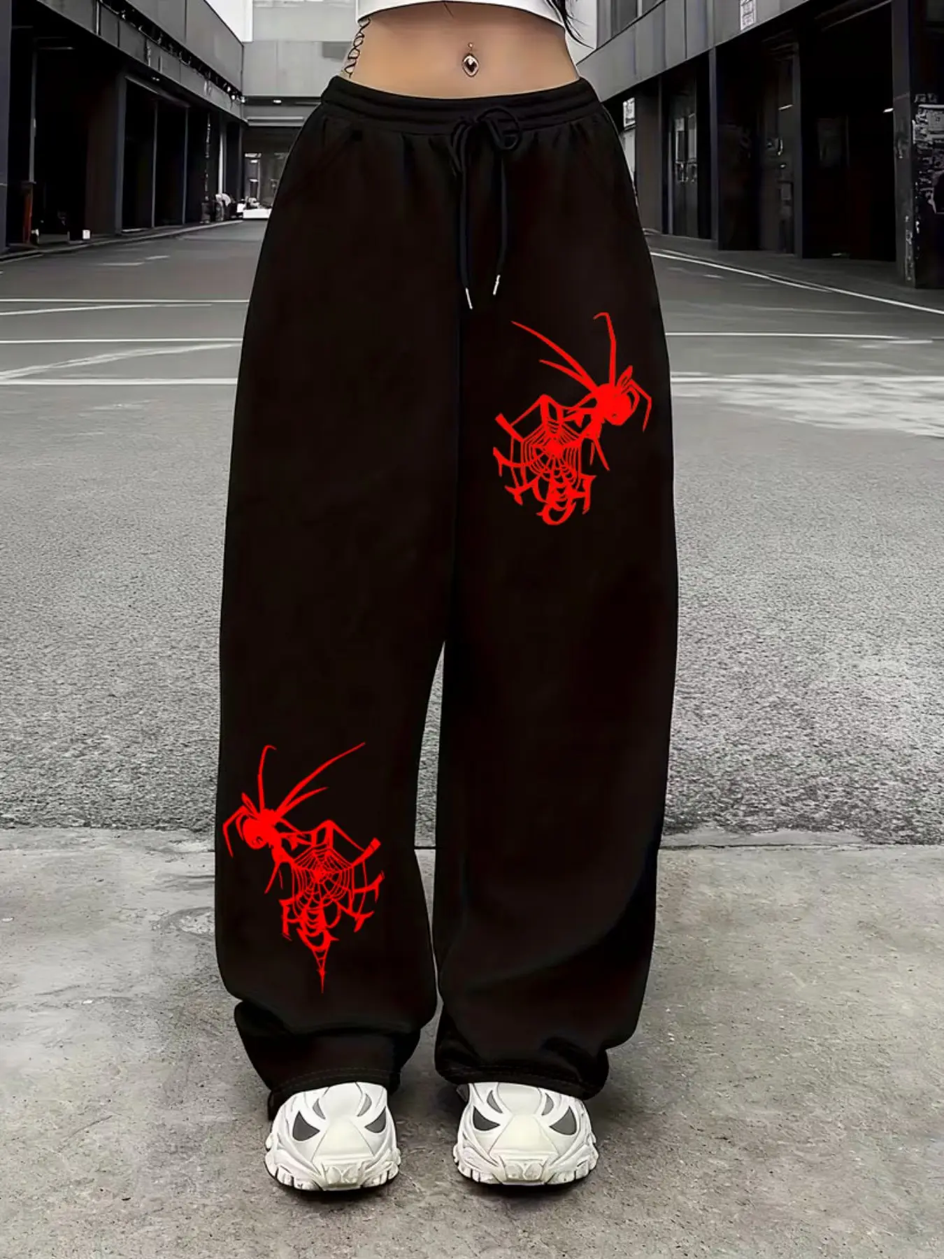Red Spider Web Graphic Baggy Loose Women Sweatpants - Y2K Dark Streetwear Wide-Leg Pants Fashion