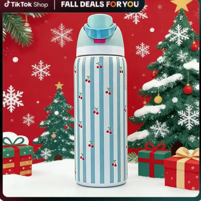 [viva] 32oz cherry patterned  stainless steel insulated cup - with flip cover insulation and leak proof travel cup, perfect for home, gift giving, office, beverage, suitable for adults and children as well as adults and children Tumbler Drinkware